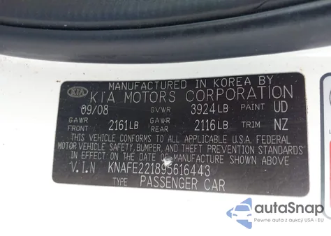 2009 Kia Spectra Ex z USA, uszkodzony, nr VIN KNAFE221895616443